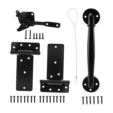 HOME MASTER HARDWARE Wood Gate Hardware Set - Heavy Duty 6in T Hinge &amp; Self-Locking Gate Latch &amp; Industrial Pipe Door Pull Handle 10 Inch with Screws for Outdoor Fence Swing Gate Black Finish