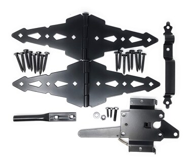 Wood Gate Hardware Set &ndash; Heavy Duty Kit for Fence Swing Gate- Outdoor Decorative Black Finish w/ 8&rdquo; Strap Hinges and Spring Loaded Latch