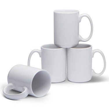 Serami White Ceramic Classic Coffee Mugs Large Handles with 15oz Capacity, Set of 4