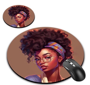 Round Mouse Pad, African American Women Girl Designs Non-Slip Rubber Base Gaming Mouse Pads and Coaster Set for Working Or Game, Desk Accessories, Cool Mouse Pad