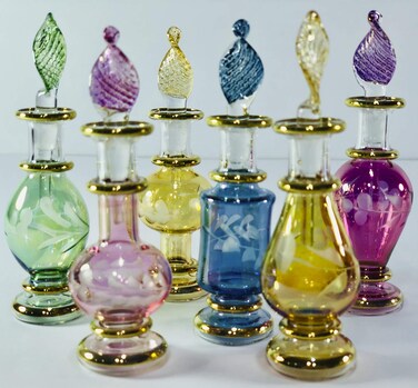 Egyptian Perfume Bottles, Mouth Blown Glass Genie bottles potion Perfume Bottles Wholesale Set of 6 Miniature bottles Size 2 (5 cm) with handmade Gold decorative bottle for essential&amp; perfume oils