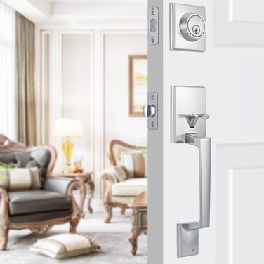 MAXECURITY Front Door Handle Set, Single Cylinder Handleset with Door Lever Handle and Deadbolt Heavy Duty Square Adjustable Front Door Lock Set, Entrance Handle Set with Lock, Satin Nickel
