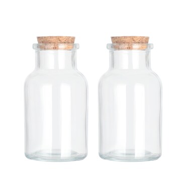 Magic Season Decorative Glass Bottles with Cork Stoppers (5 fl oz. Wide Mouth Round Bottles / 2 Pcs)