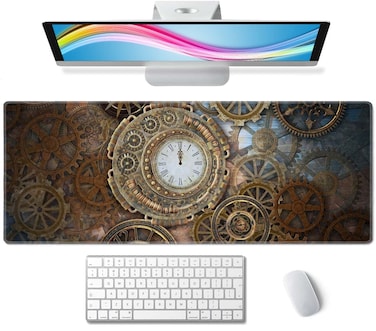 Gaming Mouse Pad, XL Extended Computer Keyboard Long Mouse Mat, Large Desk Pad for Office Laptop, Non-Slip Rubber Base with Stitched Edge Mousepad, 31.5X11.8 inch Rusty Steampunk with Clock