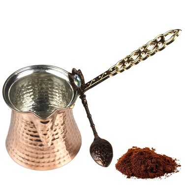 Turkish Coffee Pot and Copper Spoon Set - 9 Oz Thick 2mm Antique Copper Looking - Stove top Coffee Maker Cezve with Copper Handle &amp; Copper Spoon - for 3 People