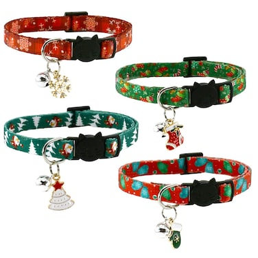 CooShou Christmas Cat Collar Set - Xmas Cat Adjustable Breakaway Collars with Bells &amp; Charms 4Pcs Per Set