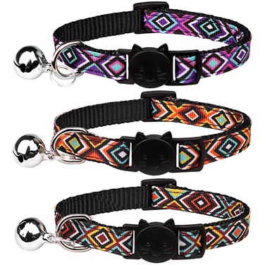3 PCS Cat Collars with Bell Breakaway Geometric Pattern Adjustable Safety Kitten Collars for Kitty Collars（S）