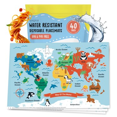 Disposable Placemats for Kids - 40 Pcs Stick On Placemats - World Map - Baby Eating Essentials for Travel - Sticky Placemats Splat Mat High Chair Cover for Restaurant Dining Airplane - by Central 23