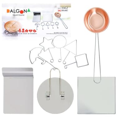 Korean Candy Making Kit - Complete 9-Piece Dalgona Kit with Shapes, Bottom Tray, Ladle, Press Tray, Dragger - Korean Candy Making Supplies for Home - Included Baking Soda