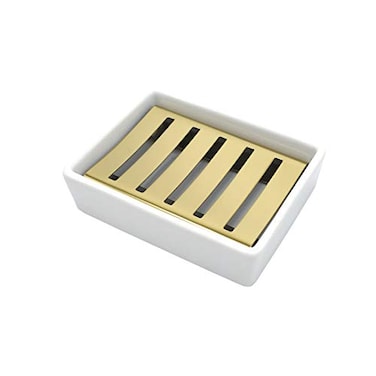 Lofekea Ceramic Soap Dish Gold Stainless Steel Soap Holder for Shower and Bathroom Double Layer Draining Soap Box
