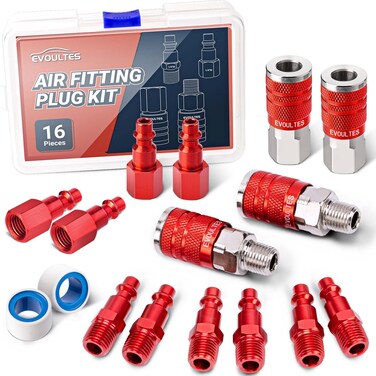 EVOULTES 16 Pieces Universal 1/4" NPT Air Hose Fittings &amp; Air Coupler Kit, Lightweight Aluminium Air Fittings Kit with Quick Connect Air Plug, Pneumatic Air Tool Fitting for Air Compressor Accessories