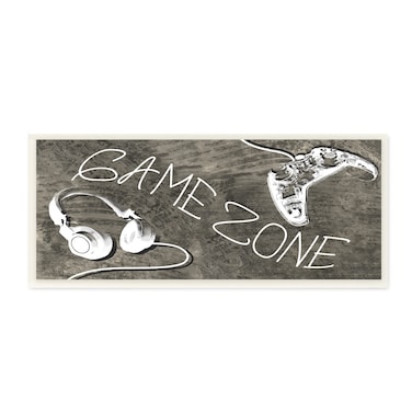 Stupell Industries Zone Phrase Music Headset Video Game Controller, Designed by Daphne Polselli Wall Plaque, 17 x 7, White