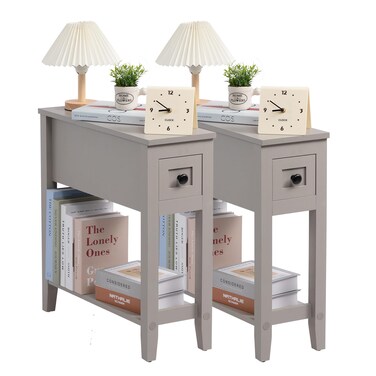 LUSUOWLZ Gery 2 Pack Chairside Narrow End Table with Drawer, Solid Recliner Side Table with Storage Shelf, Slim Nightstand Bedside Table for Bedroom