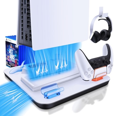 TNP Cooling Stand for PS5 Slim &amp; PS5 Console - 4 Speed Modes Vertical Cooling Station for PlayStation 5 Slim Disc &amp; Digital Edition, Multiple Charging Dock for PS5 Slim &amp; PS5, PSVR2 Controllers