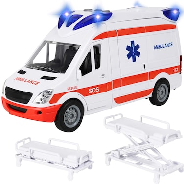 Kiddie Play Ambulance Toy with Lights and Sound Friction Powered Emergency &amp; Rescue Vehicle Set Doors That Open and a Stretcher