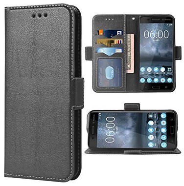 Phone Case for Nokia 6 Folio Flip Wallet Case,PU Leather Credit Card Holder Slots Full Body Protection Kickstand Hard Hybrid Protective Phone Cover for Nokia6 TA-1021 TA-1033 Cases Women Men Black