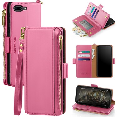 Antsturdy Compatible with iPhone 7 Plus/8 Plus case Wallet with Card Holder for Women Men RFID Blocking Phone case PU Leather Flip Folio Shockproof Cover with Strap Zipper Credit Card Slots,Hot Pink