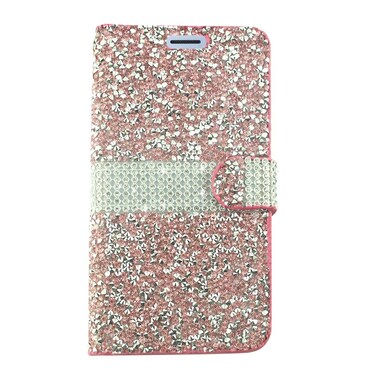 For Samsung Galaxy J3 (2018), J3 Achieve, J3 Star, Express Prime3, Amp Prime3, J3/J3V 3rd Gen SM-J337 - Crystal Diamond Flip Wallet Case + Tempered Glass Screen Protector - HotPink/Glitter