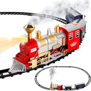 Classic Train Set with Smoke - Train Toys for Kids with Lights &amp; Sounds, Locomotive Engine, Railway Kit Cargo Cars &amp; 11 Feet of Tracks