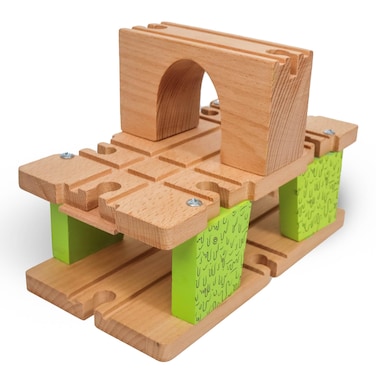 3 Level Wooden Bridge and Train Tunnel - Zany Trains - Toxic Turnpike - Viaduct Arch Bridge - Wooden Train Tracks Compatible with All Major Brands - Wooden Train Set Accessories Table