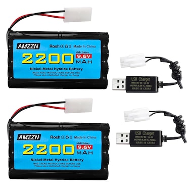 AMZZN 2PCS 9.6V 2200mAh AA NiMH Battery with Tamiya Plug and USB Charging Cable for RC Toy Cars, Trucks, Tanks, Engineering Vehicles, RC Ships, Rechargeable Battery Accessories (2PCS Battery+2 USB)