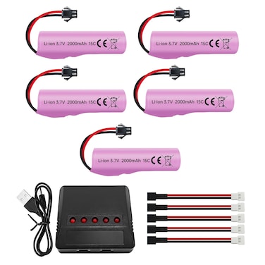 sea jump 5PCS 3.7V 2000mah SM-2P Plug Lithium Battery with 5in1 Charger for DE68 DE44 DE45W DE45 DE58 DE49 DE57 DE70 Off-Road Vehicle Truck Tank RC Remote Control Toy Car Battery
