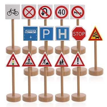 EDOBLUE Wooden Street Signs Playset, 15 Pcs Wood Train Traffic Signs Set for Children's Educational
