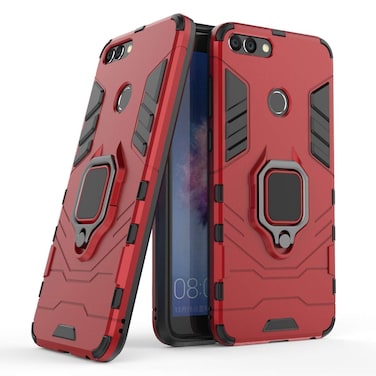 LuluMain Compatible with Huawei P Smart Case, Metal Ring Grip Kickstand Shockproof Hard Bumper (Works with Magnetic Car Mount) Dual Layer Rugged Cover for Huawei P Smart, Enjoy 7S (Red)