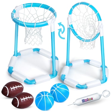 Madzee 2-in-1 Swimming Pool Floating Pool Basketball Hoop and Football Set - Poolside Set with 4 Inflatable Balls and Pump, Fun Summer Toy for Kids and Adults