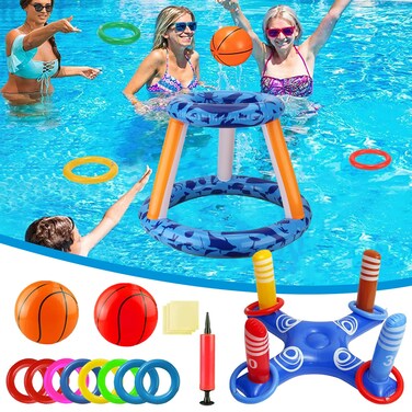 Chahot Pool Toys Games Set, Inflatable Pool Basketball Hoop &amp; Ring Toss Game, Summer Water Games Pool Toys for Swimming Pool Party, Fun Swimming Water Sport for Kid, Teens, Adults and Family
