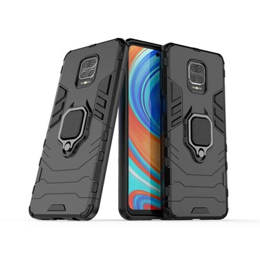 Compatible with Xiaomi Mi Redmi Note 9S, Redmi Note9 Pro, Redmi Note 9 Pro Max Case, Metal Ring Grip Kickstand Shockproof Hard Bumper (Works with Magnetic Car Mount) Dual Layer Rugged Cover (Black)
