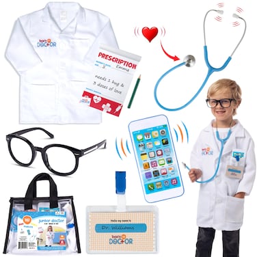 Born Toys Doctor Kit for Kids for Kids Ages 3-7, Complete Kids Doctor Kit Includes Kids Doctor Coat, Real Stethoscope, Toy Phone, Eyeglasses, Prescription Pad &amp; Pencil - Pretend Play Doctor Set