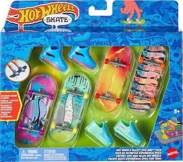Hot Wheels Skate Tony Hawk Fingerboard &amp; Removable Skate Shoes Multipack, 4 Fully Assembled Boards, 2 Pairs of Skate Shoes, 1 Exclusive Set (Styles May Vary)