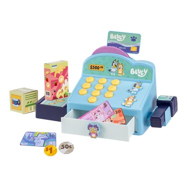 Bluey Cash Register. Press The Buttons to Hear Beeps, Sounds and Phrases from Bluey and Bingo  Use The Scanner to Scan Packages and Pretend to Run a Shop   Includes Toy Credit Card and Dollar Bucks!