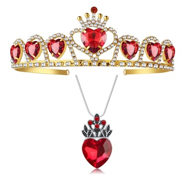 Evie Red Heart Tiara and Necklace Descendants 3, Gold Crown Jewelry Set Queen of Hearts Eive Costume for Girls Teens Halloween Parties