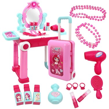 2 in 1 Pretend Play Kids Vanity Table and Chair Beauty Mirror and Accessories Play Set with Trolley Fashion &amp; Makeup Accessories for Girls Travel Suitcase Fashion Beauty Set for Children Little Girls
