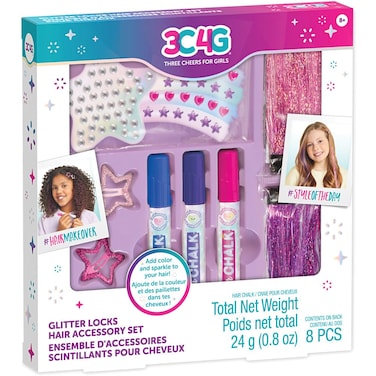 Make It Real 3C4G: Imagination Land Glitter Locks Hair Accessory Set - 8pcs, Add Color &amp; Sparkle to Your Hair, Three Cheers for Girls, Kids Ages 8+