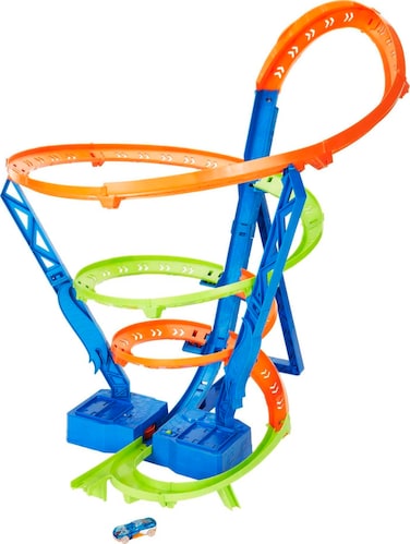 Hot Wheels Toy Car Track Set Spiral Speed Crash, Powered by Motorized Booster 29-in Tall Track with 1:64 Scale Toy Car
