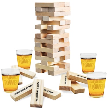 ArtCreativity Tumbling Tower Drinking Game, Drinking Game with 4 Glasses and 60 Wooden Blocks with Challenges, Fun House Party Games for Game Night, Great Gift Idea