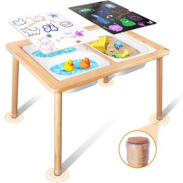 TERRAMUS Kid's Table, Toddler Sensory Table, Play Sand &amp; Water Table with 3 Toy Storage Bins, Wooden Children's Desk for Art, Study, Drawing,Dinning, Activity Table Indoor Outdoor,Gifts for Boys Girls