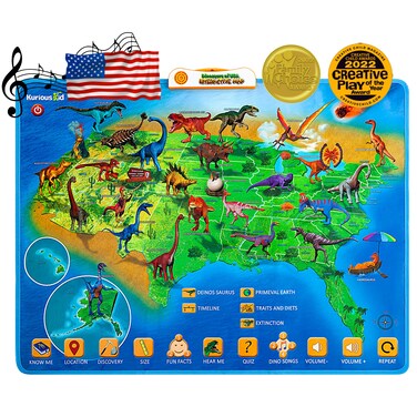 Kurious Kid USA Interactive Map with Dinosaur Educational Activities, Early Learning Wall Chart Toy with Songs, Sounds, and Fun Science Discovery Facts