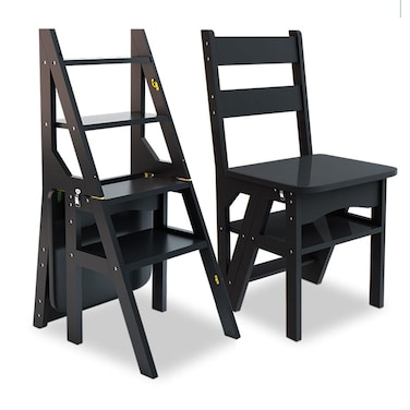 LIEHD 4 Tier Folding Step Ladder, Convertible Multi-Functional 3-in-1 Wood Ladder Chair, 265 lbs Capacity Display Ladder and Storage Shelf for Library, Home Kitchen (Black), 37.5x35x90cm