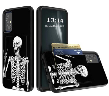 Phone Case for Samsung A51 5G, Galaxy A51 Wallet Case with Hidden Card Holder, Dual Layer Hybrid ID Card Slot Hard Back Soft Inner Rubber Bumper Flip Wallet Cover Shell - Skeleton Skull