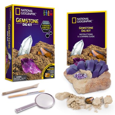 NATIONAL GEOGRAPHIC Gemstone Dig Kit &ndash; Excavate 3 real gems including Amethyst, Tiger&rsquo;s Eye &amp; Rose Quartz - Great STEM Science gift for Mineralogy and Geology enthusiasts of any age
