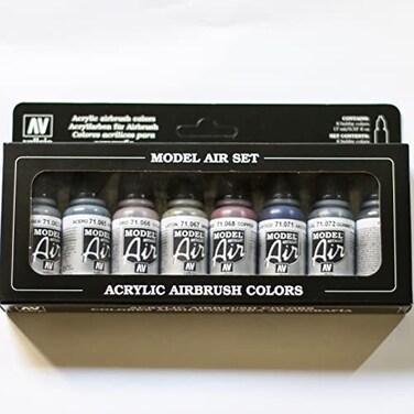 Acrylicos Vallejo Metallic Colors Model Air Paint Set, 1/2 Fl. Oz. Bottles, 8 Colors
