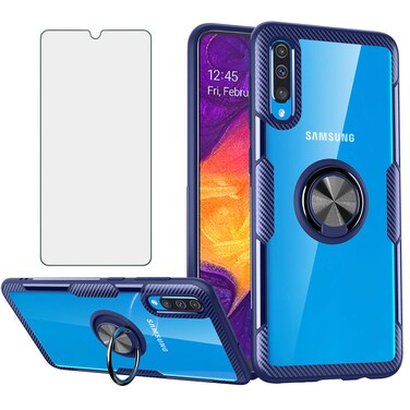 Phone Case for Samsung Galaxy A50 with Tempered Glass Screen Protector Clear Cover and Magnetic Stand Ring Rubber Holder Slim Hard Cell Accessories Glaxay A 50 Gaxaly S50 50A SM A505G Cases Men Blue