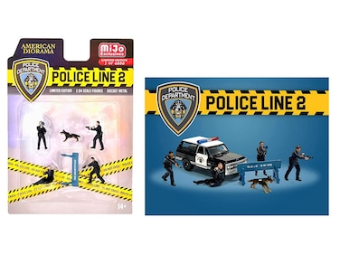 American Diorama Police Line 2" 6 Piece Diecast Set (4 Police Figures 1 Dog Figure and 1 Accessory) Limited Edition to 4800 Pieces Worldwide for 1/64 Scale Models