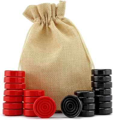 Attatoy Black &amp; Red Carved Stackable Wooden Checkers (24 Pieces); with Drawstring Cloth Storage Bag