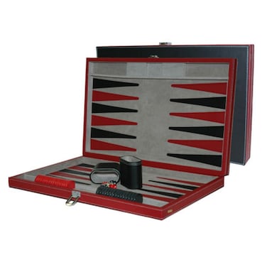 18" Faux Leather Backgammon Recreational Game Set, Black/Red