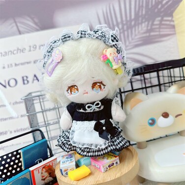 10cm Plush Doll Clothes 10cm Cotton Doll Clothes Doll Clothes/3.93" Doll's Clothes Dolls Accessories Grid Maid 1dress+1Scarf +1apron+1Hairbandno Doll no Shoes
